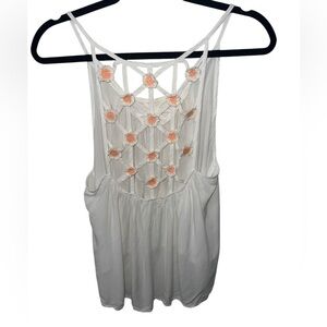 EUC Millau Crocheted Orange Flower White Rayon Tank Lattice Back Design Medium